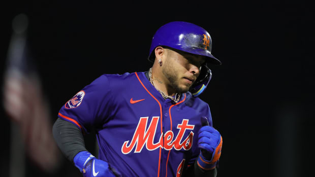 Mar 8, 2024; Jupiter, Florida, USA; New York Mets catcher Francisco Alvarez (4) circles the bases after hitting a home run against the Miami Marlins during the fourth inning at Roger Dean Chevrolet Stadium. Mandatory Credit: Sam Navarro-USA TODAY Sports